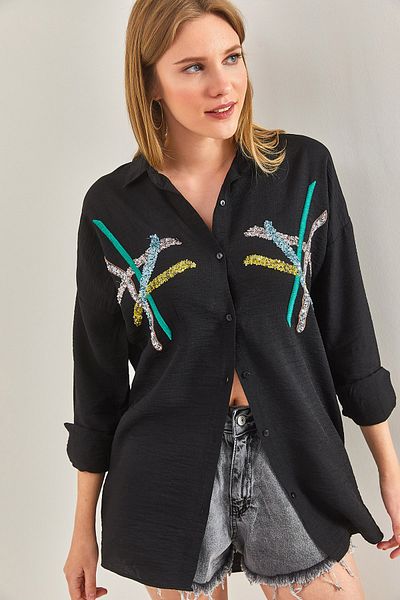 Bianco Lucci Damen-Hemd „Ayrobin“ aus Leinen mit Pailletten-Palettenstickerei