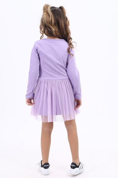 Elvinsa Lila Simli Baskılı Tüllü Pamuklu Kız Çocuk Tütülü Elbise