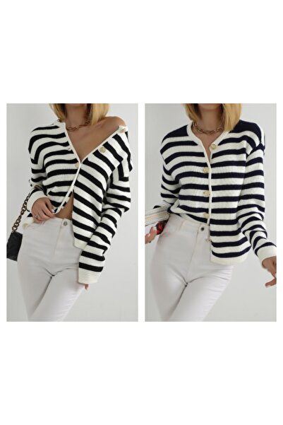 winter club Γυναικεία πλεκτά ζακέτα σε μπλε-λευκό σετ 2 τεμαχίων - λαιμόκοψη,...