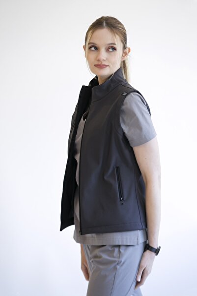 almesta Softshell Su Geçirmez Polarlı Kadın Yelek - Füme Gri