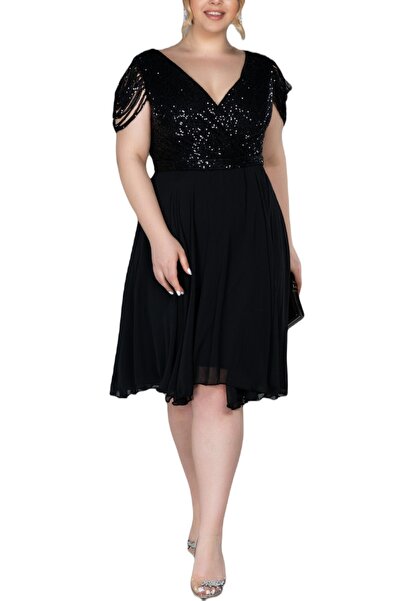 Arden Büyük Beden Kısa Abiye Elbise, Midi Siyah Lacivert Şifon Payet Üst, Battal Düğün, Mezuniyet, 44-58