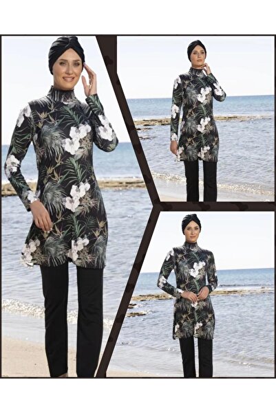 Estiva 23907 Black Digital Patterned Full Size Lycra Hijab Swimsuit