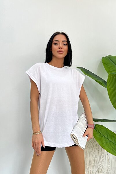 MARECASH Sıfır Kol Bisiklet Yaka Oversize Salaş Basic Kolsuz T-shirt