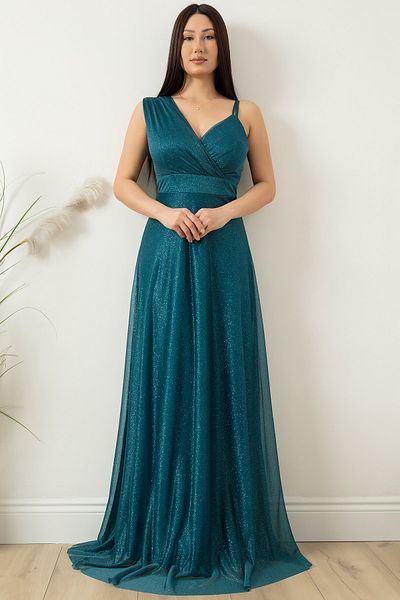 PULLIMM Rochie lungă cu o curea de umăr din tul cu sclipici 13424