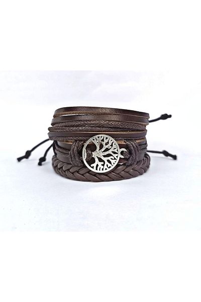BSN Genuine Leather Bracelet 3 Pieces Handmade with Life Tree Figure