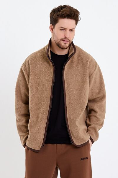 JAHR MARC Beige Men's Fleece Jacket with Zippered Stand-up Collar