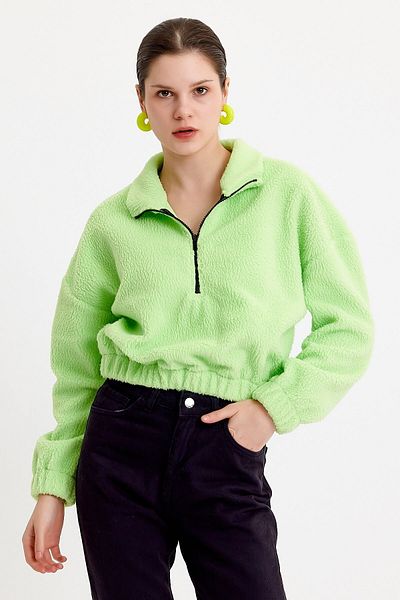JAHR MARC Neon Green Crop Fit Zippered Plush Sweatshirt