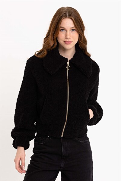 JAHR MARC سترة قطيفة قصيرة سوداء بسحاب