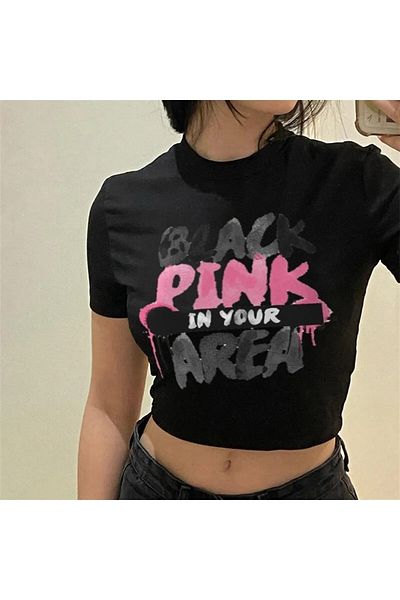 Gofeel Black Pink In Your Area Patterned Black Color Harajuku Women's Crop Blouse T-Shirt