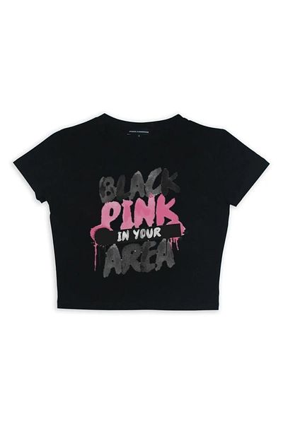 Gofeel Black Pink In Your Area Patterned Black Color Harajuku Women's Crop Blouse T-Shirt