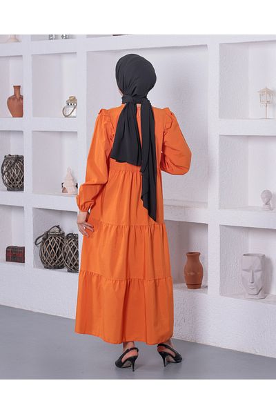 Patika Women's Orange Gathered Poplin Dress Crew Neck