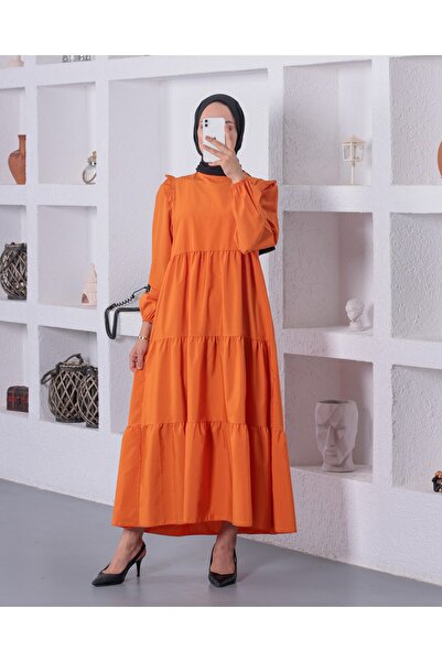 Patika Women's Orange Gathered Poplin Dress Crew Neck