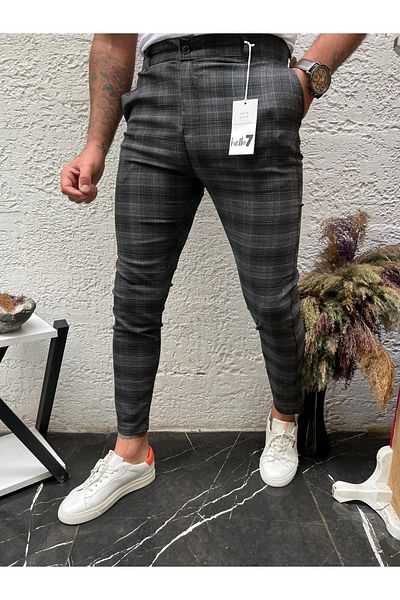 Ser Joven Men's Black Slim Fit Plaid Fabric Trousers