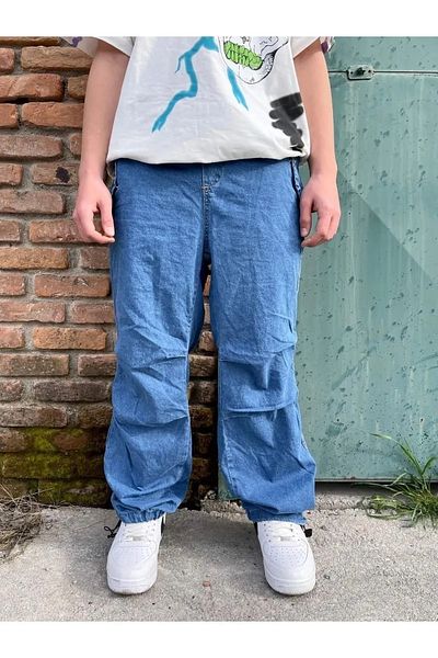Gofeel Pantaloni largi unisex tactici, albastru, țesătură parașută, talie reglabilă