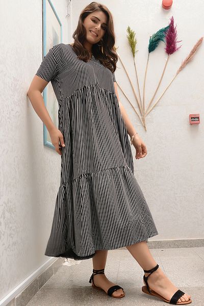 AVORWE Rochie midi cu mânecă scurtă în dungi cu decolteu în V