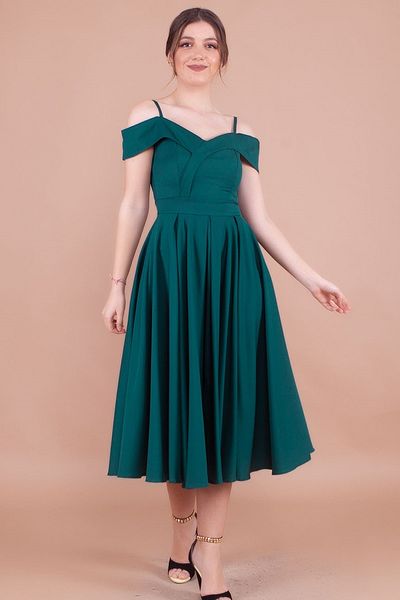 bayansepeti Flexible Atlas Fabric Low Shoulder Detailed Pleated Strap Midi Emerald Evening Dress 342