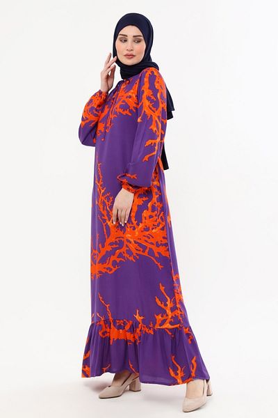Kardelen Butik Ümraniye Cotton Viscose Summer Long Skirt Frilled Hijab Dress Purple