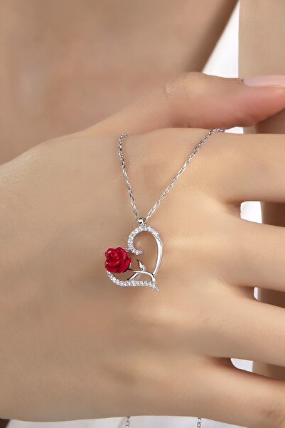 Gümüş Vadisi Kadın Orjinal 925 Ayar Gümüş Zirkon Taşlı Kalp Kırmızı Gül Model...