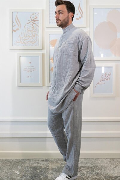 Zeliha Baysan Müslin Erkek Bol Hac Umre Namaz Takım Gri