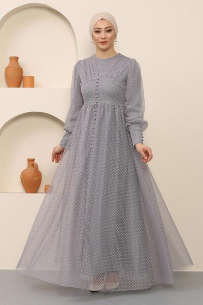 Modamihram Abendkleid aus Tüll mit Knöpfen, Grau 12237