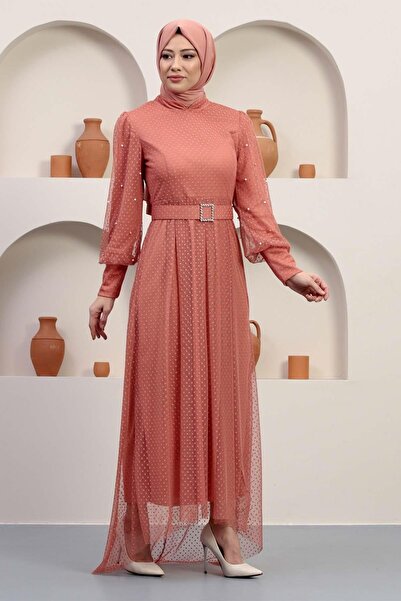 Modamihram Βραδινό φόρεμα από τούλι με πέτρινη ζώνη Salmon 12242