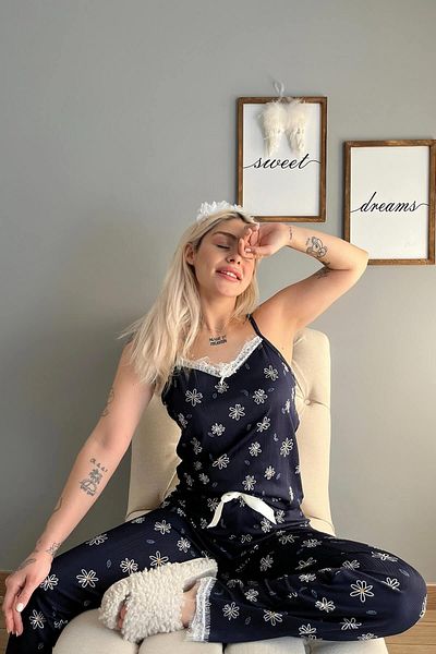 Pijamaevi Γυναικείο Σετ Πιτζάμα Navy Blue Daisy Δαντελένιο λουράκι πλεκτό