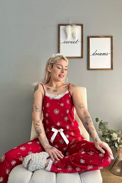 Pijamaevi Red Daisy Lace Rope Strap Gestricktes Damen-Pyjama-Set