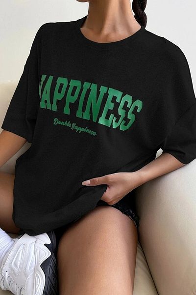 mercoledi Tricou Salas supradimensionat pentru femei cu imprimeu Happiness Boyfirend