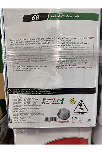 CASTROL Hyspin Hlp-z 68 Hidrolik Sistem Yağı 17 Lt 2025 Yeni Tarihli