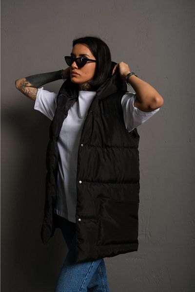 ÖNDER MODA Women's Black Water and Windproof Oversize Hooded Seasonal Puffer Vest - 96