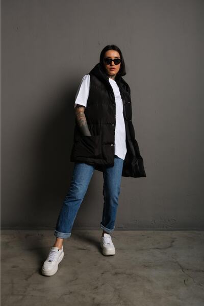 ÖNDER MODA Γυναικείο μαύρο αδιάβροχο και αντιανεμικό εποχιακό γιλέκο με κουκούλα - 96