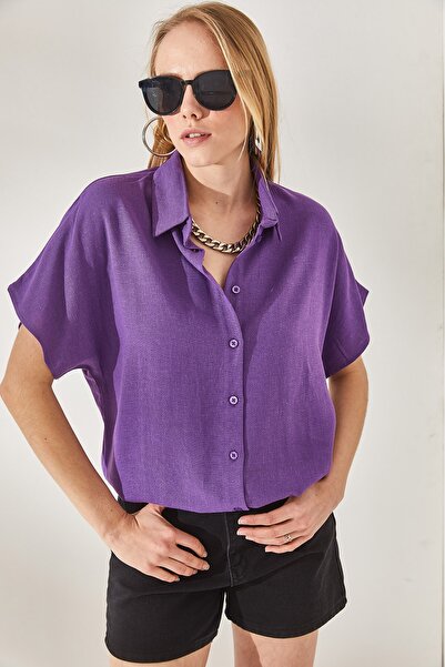 Olalook Γυναικείο λινό πουκάμισο Oversize μωβ νυχτερίδα GML-19001109