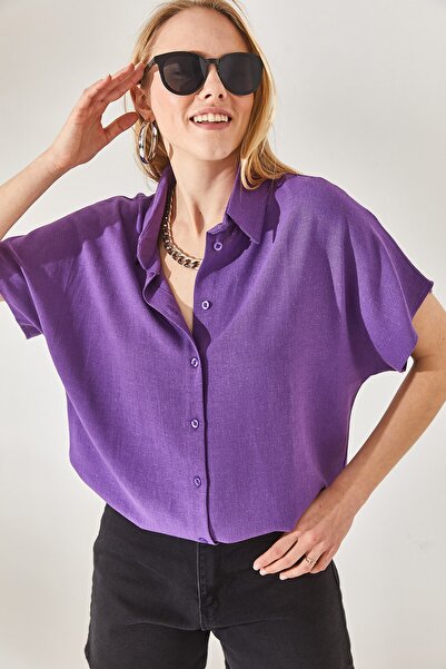 Olalook Γυναικείο λινό πουκάμισο Oversize μωβ νυχτερίδα GML-19001109