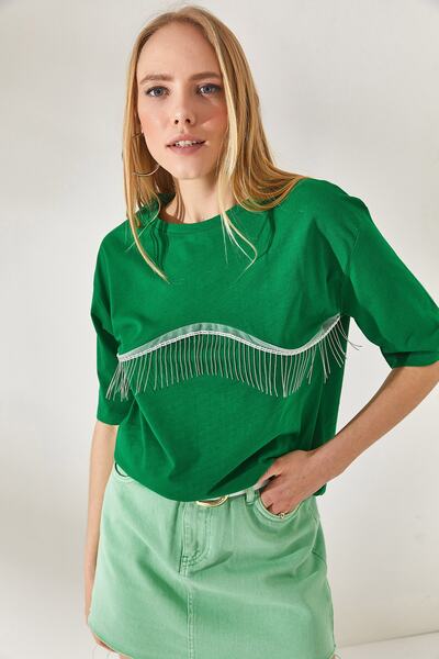 Olalook Women's Grass Green Chain Garnished Oversize T-Shirt TSH-19000697