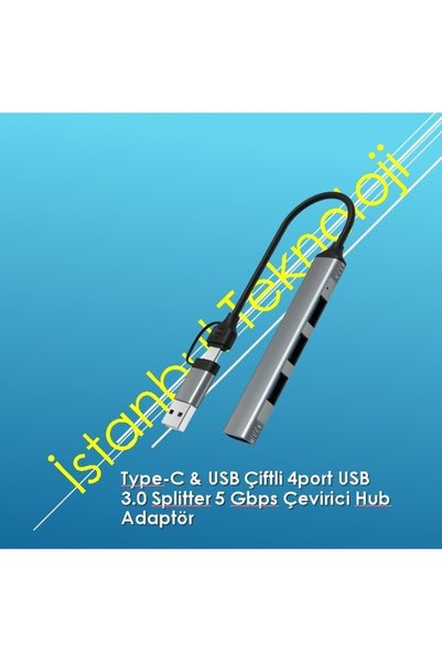İstanbul Teknoloji Macbook Uyumlu Type-c & Usb Çiftli 4port Usb 3.0 Splitter 5 Gbps Çevirici Hub Adaptör