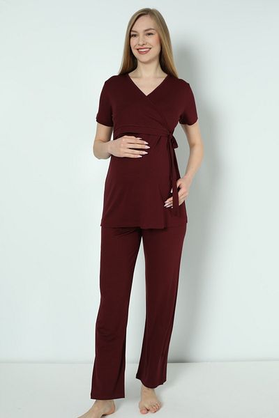Miss Dünya Lissa Dark Claret Red Maternity and Maternity Pajamas Set Suitable for Breastfeeding
