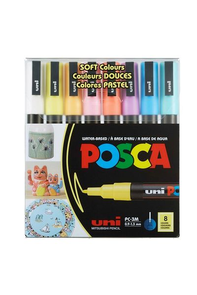 Uni Posca Pc-3M 0.9-1.3 mm Water Based Coloring Marker Set Soft Colors 8 Colors