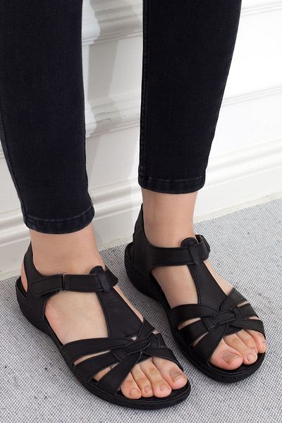 Adım Adım Women's Black Genuine Leather Orthopedic Sandals