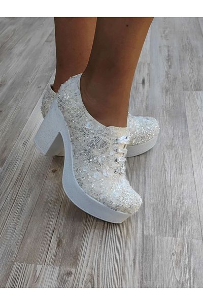 Ayakkabı Tutkusu Stilo ® Heeled Bridal Shoes Ivory Glitter Heeled Light Comfortable Shoes