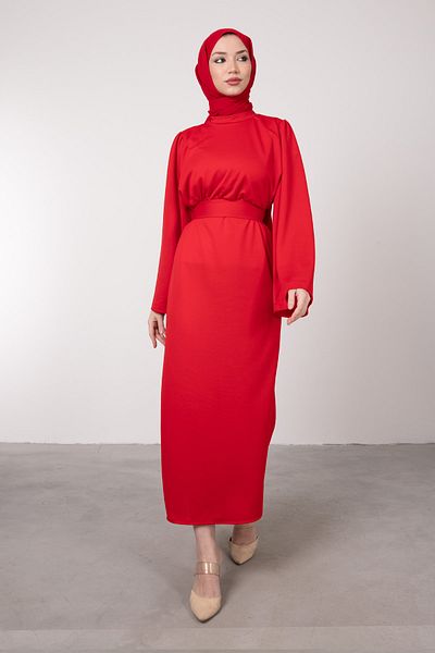 Lamia Giyim Flounce Sleeve Belted Hijab Dress Red