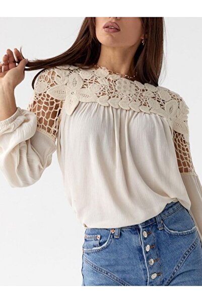 Modamorfo Bluză din in cu detaliu din dantelă și mâneci elastice