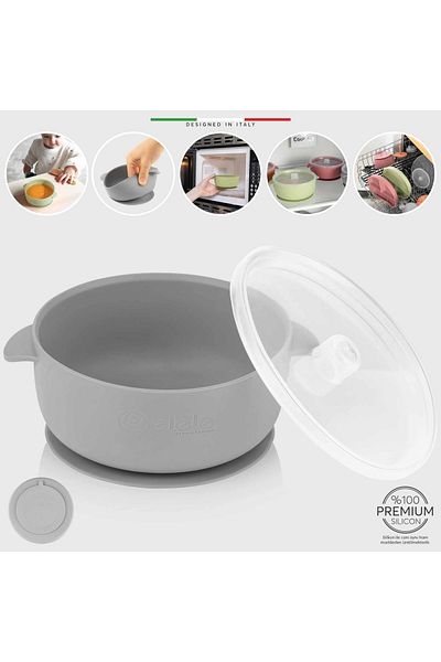 Elele Silicone Baby Food Bowl with Vacuum and Lid Gray