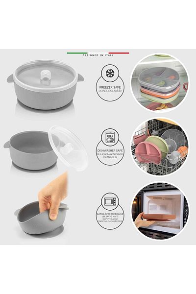 Elele Silicone Baby Food Bowl with Vacuum and Lid Gray