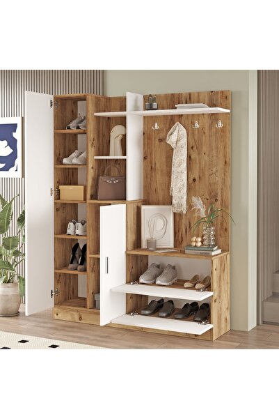 L'occi Concept Jador Vestiyer Aynalı Askılı Kapaklı Ayakkabılık Portmanto Raf Çam-beyaz