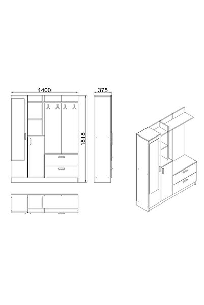 L'occi Concept Jador Vestiyer Aynalı Askılı Kapaklı Ayakkabılık Portmanto Raf Çam-beyaz