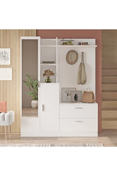 L'occi Concept Jador Aynalı Askılı Kapaklı Vestiyer Ayakkabılık Portmanto Raf Beyaz