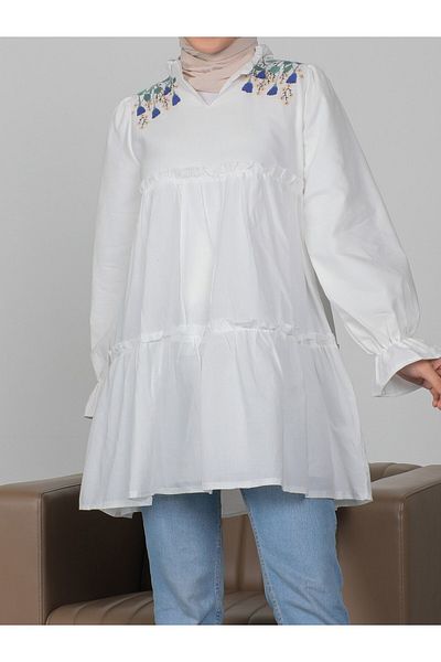 Modamorfo Embroidered Lined Tunic with Elastic Sleeves and Shoulders