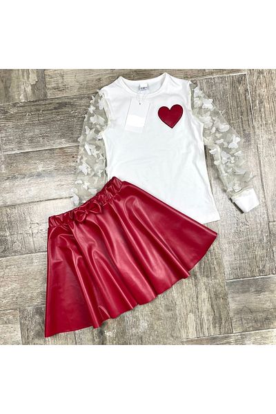 YARENKİDS Κοριτσίστικο Flower Heart Λεπτομερές Σετ από τούλι, δερμάτινη φούστα