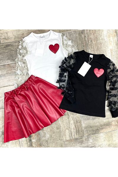 YARENKİDS Κοριτσίστικο Flower Heart Λεπτομερές Σετ από τούλι, δερμάτινη φούστα
