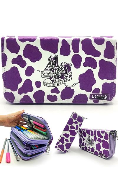 Limmy Μολυβοθήκη Cow Pattern Kawai Organizer Θήκη στυλό Vegan Δερμάτινη θήκη τριών θέσεων - Μωβ